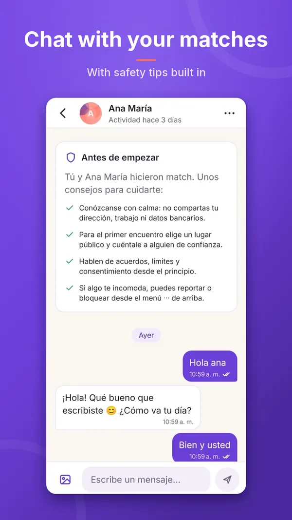 Discutez avec vos matchs : le chat affiche des conseils de sécurité avant de commencer.